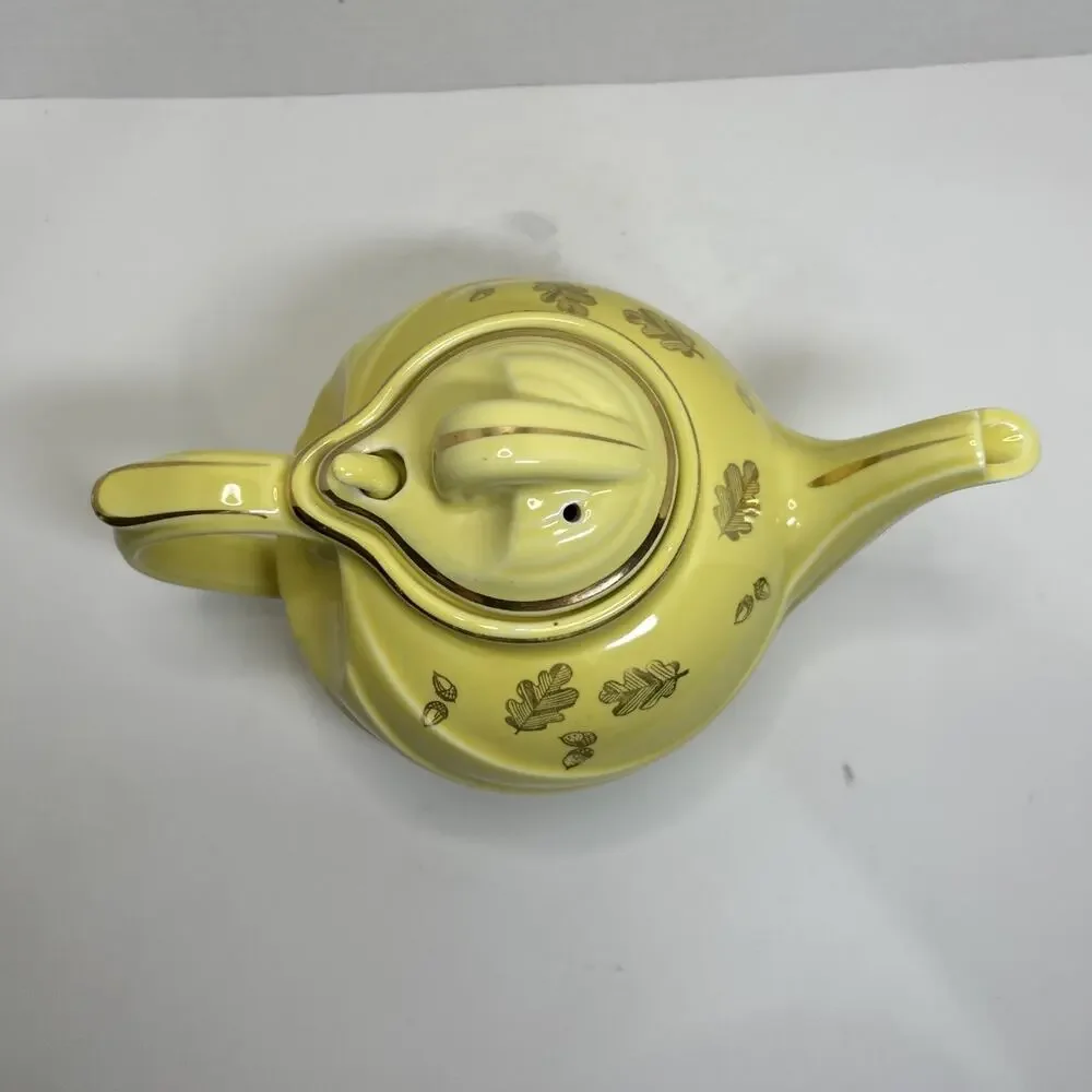 Vtg HALL 6 Cup Teapot Parade Yellow w/ Gold Acorn Oak Leaf Design Ceramic 0799